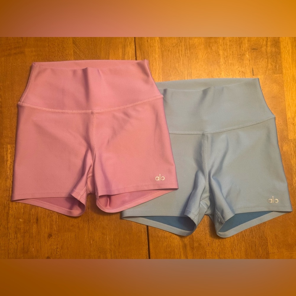 ALO 2 Pack High Waist Airlift Yoga Hike Pink Rose Seashell Blue Biker Shorts - Picture 2 of 9